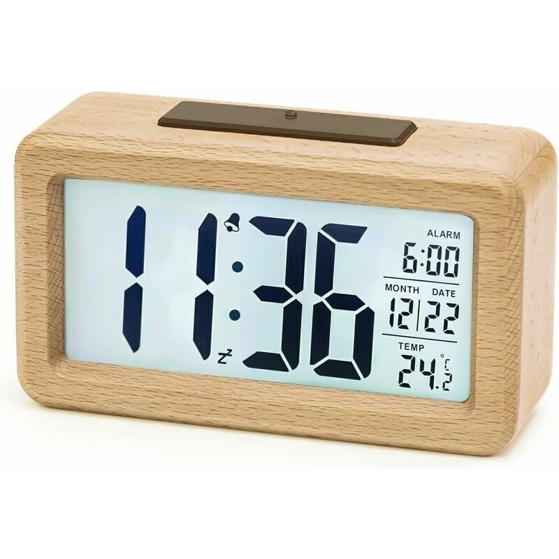 Digitaler Wecker aus Holz, AboveClock LED-Wecker, nicht tickende Digitaluhr mit Datum, Temperaturanzeige, Schlummerfunktion, batteriebetriebene