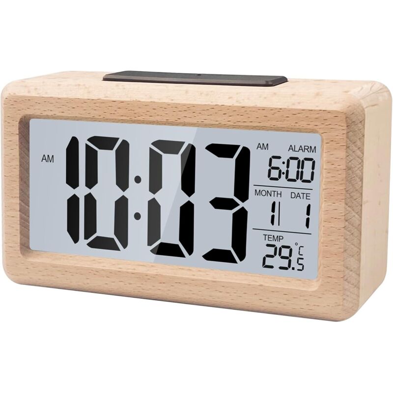 Digitaler Wecker aus Holz, Digitaluhr mit großem LCD-Display, Digitaler Wecker mit Datums-/Temperaturanzeige, batteriebetriebener Wecker mit