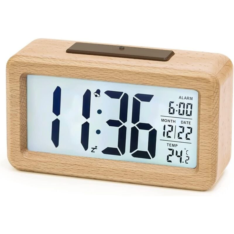 Digitaler Wecker aus Holz, LCD-Wecker, nicht tickende Digitaluhr mit Datumsanzeige, Temperatur, Schlummerfunktion, batteriebetriebene Digitaluhr