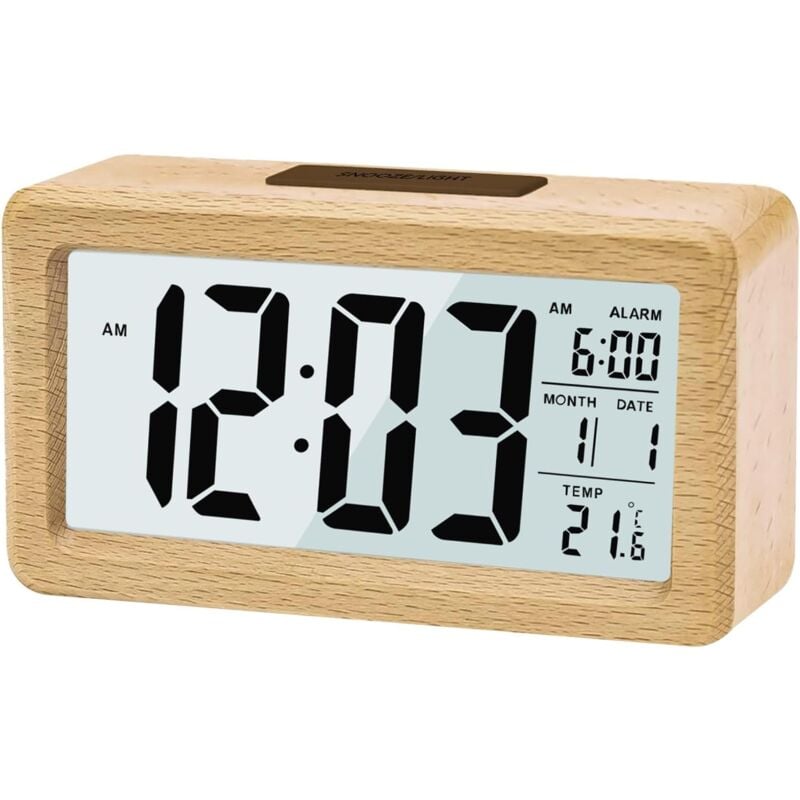 Ersandy - Digitaler Wecker aus Holz, LCD-Wecker, nicht tickende Digitaluhr mit Datumsanzeige, Temperatur, Schlummerfunktion, Digitaluhr für