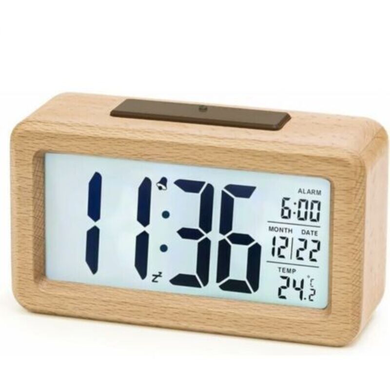 Digitaler Wecker aus Holz, LED Wecker Digitaluhr ohne Ticken mit Datums-, Temperaturanzeige, Schlummerfunktion
