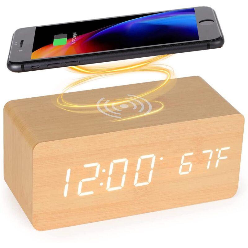 Digitaler Wecker aus Holz mit kabelloser Ladestation, 5-W-Schnellladegerät für iPhone/Samsung Galaxy, Wecker mit Sprachsteuerung und ohne Ticken, für