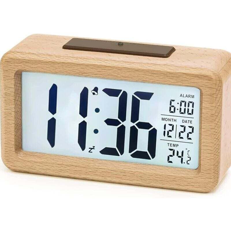 Digitaler Wecker, batteriebetriebener Wecker aus Holz mit großem LCD-Bildschirm, Digitaluhr mit Hintergrundbeleuchtung, Datumsanzeige,
