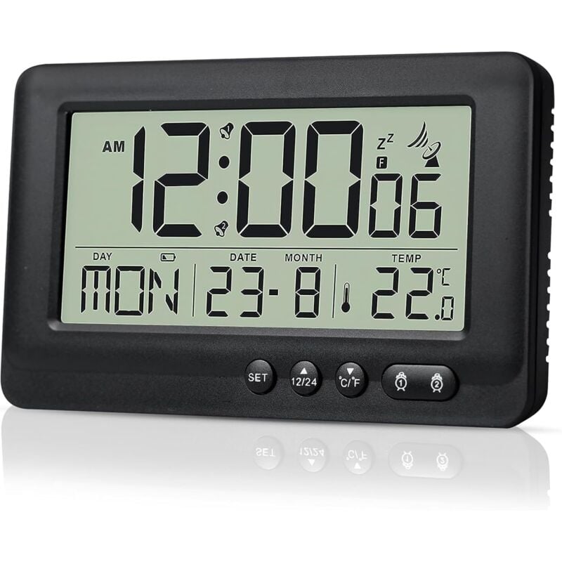 Digitaler Wecker, Digitaler Funkwecker, Funkwecker, 2 Stunden Weckzeit, Schlummerfunktion, Wecker mit Hintergrundbeleuchtung, Schwarz