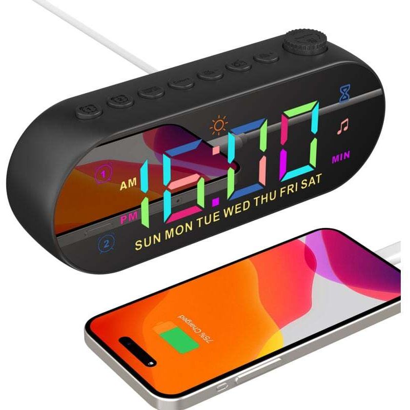 Aiperq - Digitaler Wecker für Schlafzimmer, Wecklicht, batteriebetriebener Farb-LED-Wecker mit Schlummerfunktion, UKW-Radio, 8 Klingeltönen, 12/24