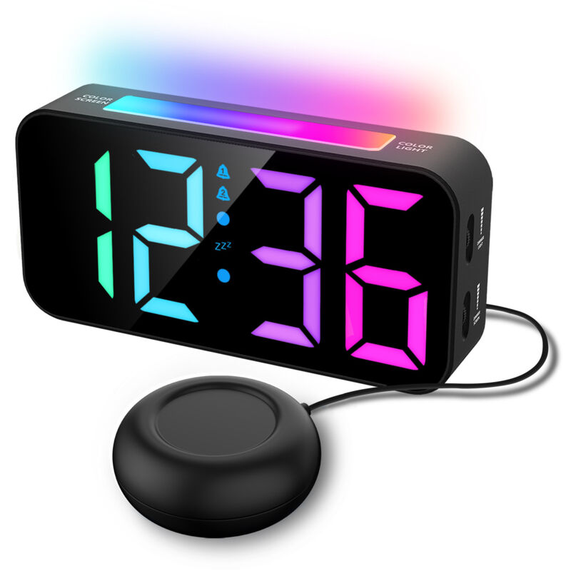 Digitaler Wecker für Tiefschläfer, lauter Wecker mit Vibration, Nachtlicht, buntes Display, Vibrationswecker für Gehörlose, Nachttisch fürs
