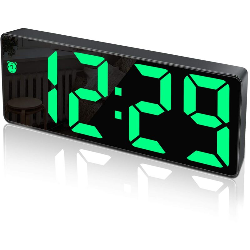 Alovez - Digitaler Wecker, großes LED-Display, Uhr mit Spiegeloberfläche, Schlummerfunktion und USB-Ladeanschluss, einstellbare Helligkeit, Wecker