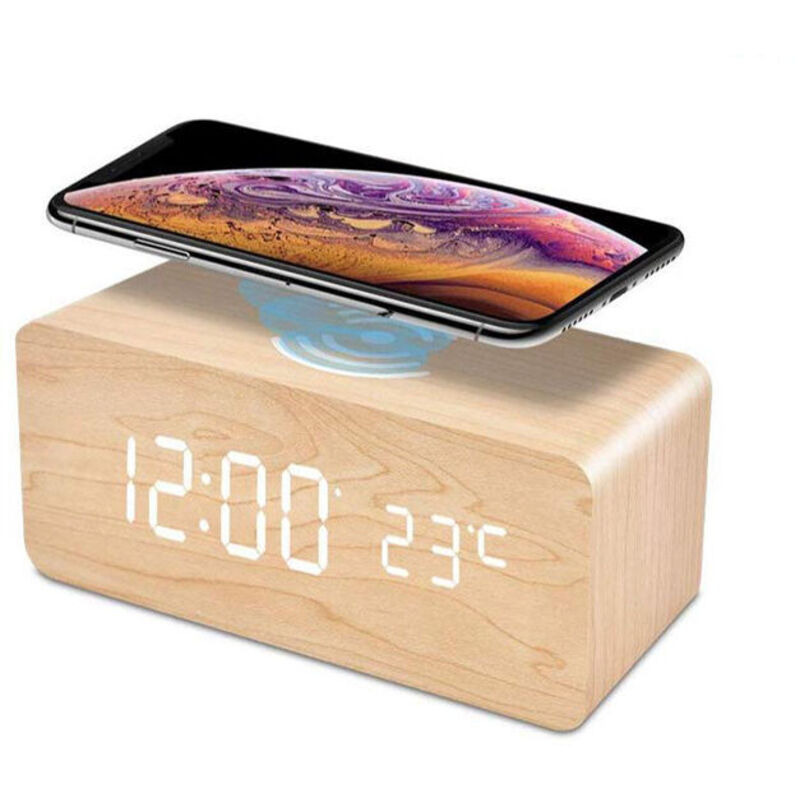 Digitaler Wecker, kabellose wiederaufladbare Holzuhr, LED-Wecker mit TemperatureSnooze für Kinder, Zuhause, Bambusholzfarbe