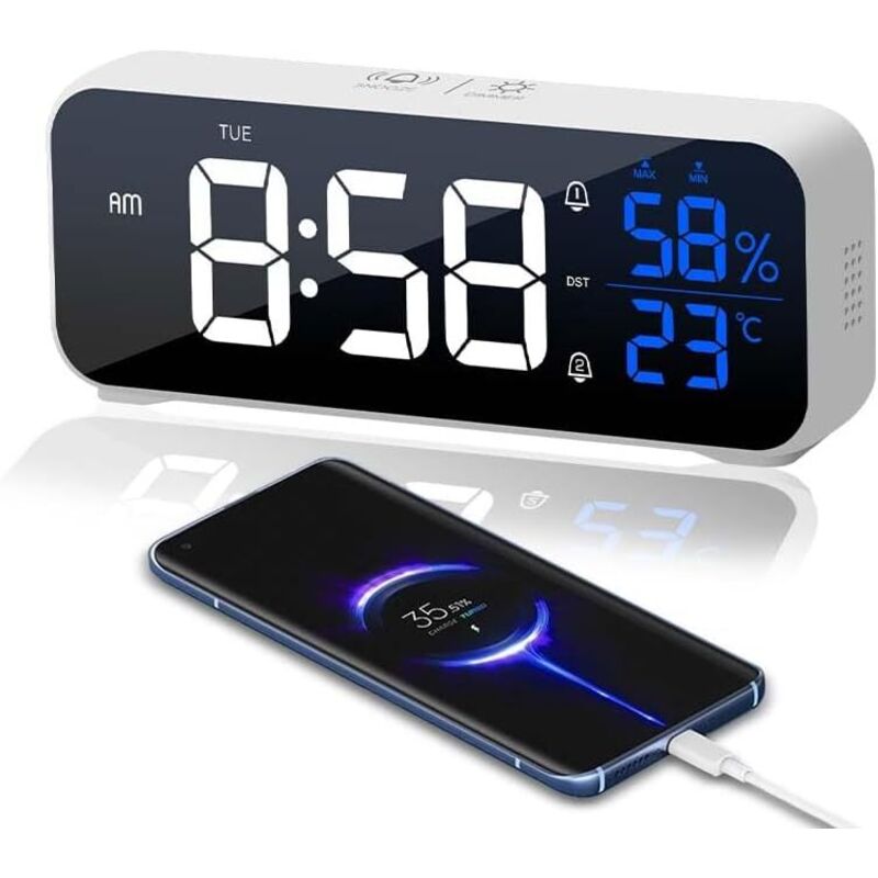 Digitaler Wecker, LED-Digitaluhr im Spiegeldesign, Wecker am Morgen, 5 einstellbare Alarmmodi und 5 einstellbare Helligkeitsstufen, 12/24 Stunden,