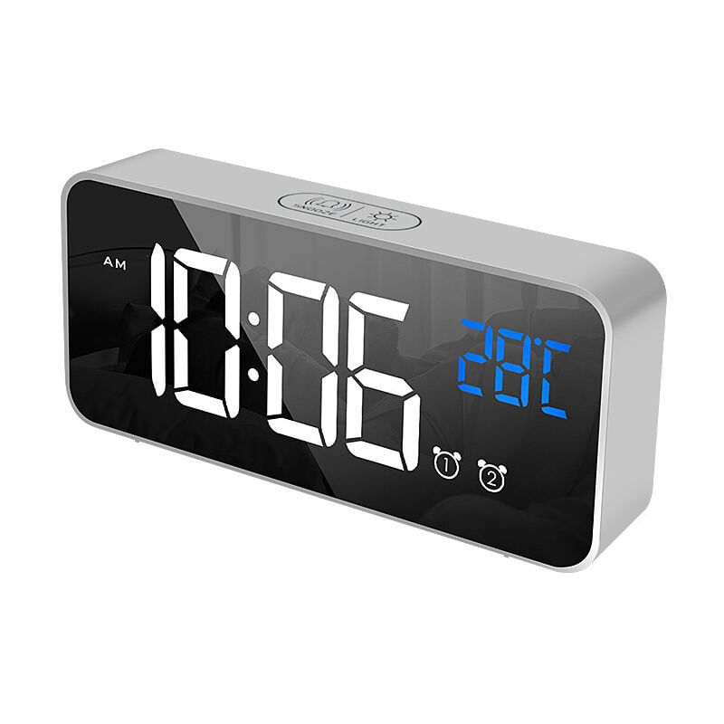 Fitags - Digitaler Wecker, LED-Wecker mit Schlummerfunktion, Aufladen über USB-Anschluss (Silber)