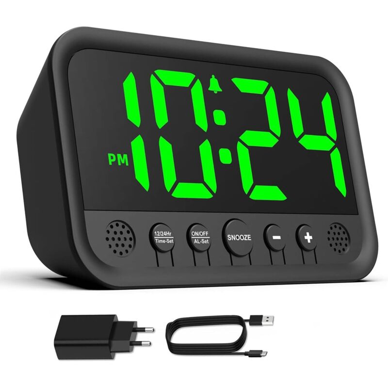 Digitaler Wecker mit grüner LED-Anzeige fürs Schlafzimmer, lauter Wecker für Tiefschläfer, netzbetriebener Wecker (Adapter im Lieferumfang enthalten)