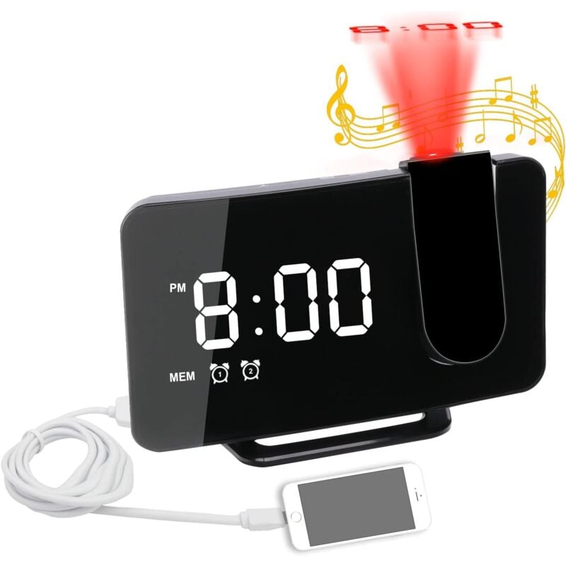 Aougo - Digitaler Wecker mit USB-Ladegerät/Deckenprojektion, doppelter lauter Wecker, einzelner Projektor-Wecker für schwere Schläfer, Erwachsene,