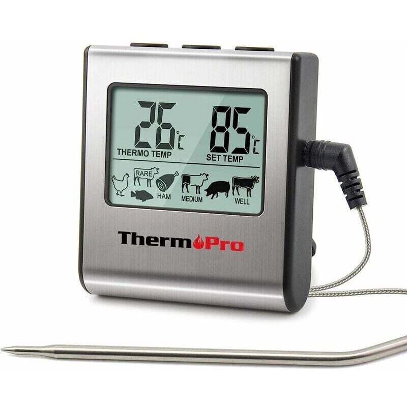Digitales Fleischthermometer TP16 mit großem LCD-Display für Smoker, Backofen, Küche, Grill, BBQ – mit Timer und Edelstahl-Temperaturfühler