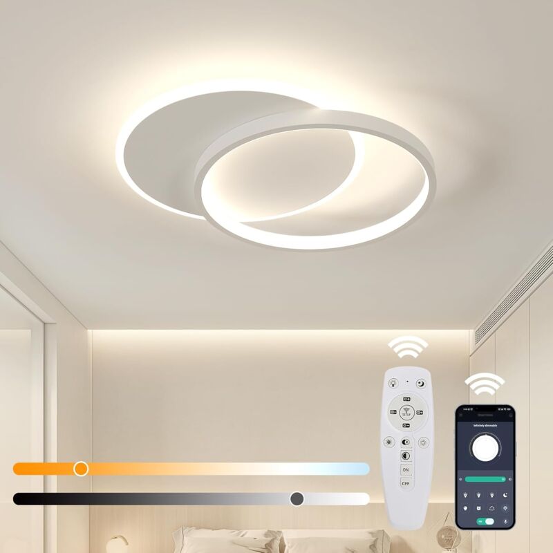 GOECO Dimmbare LED-Deckenleuchte, 28 W, moderne Wohnzimmer-Deckenleuchte mit Fernbedienung, weiße runde Schlafzimmer-Deckenleuchte,