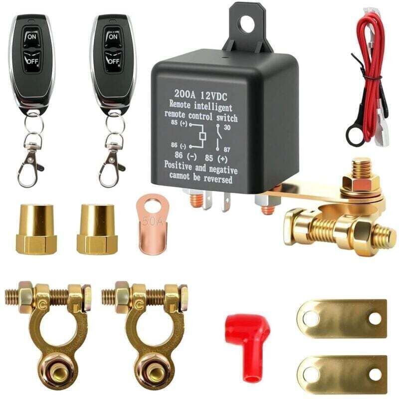 Disjoncteur de batterie 12 V avec télécommande, interrupteur de batterie 12 V 200 A avec 2 poteaux en laiton, 2 bornes de batterie, 2 télécommandes