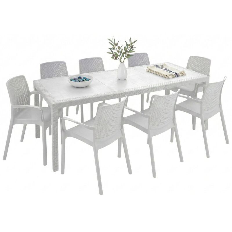 Outdoor Lounge Set Arret, Outdoor Lounge Set, Ausziehbarer rechteckiger Tisch mit 8 Stühlen mit Armlehnen, Made in Italy, Weiß - Dmora