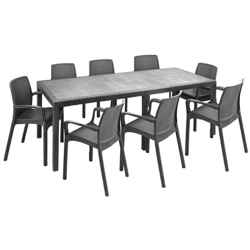 Outdoor Lounge Set Arret, Outdoor Lounge Set, Ausziehbarer rechteckiger Tisch mit 8 Stühlen mit Armlehnen, Made in Italy, Anthrazit - Dmora
