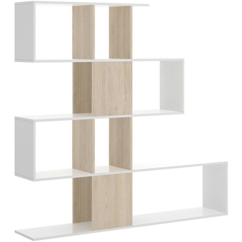 Bücherregal Moneglia, Mehrzweck-Büroregal, Bücherregal mit 4 Regalen, 145 x 29 x 145 cm, Weiß und Eiche - Dmora