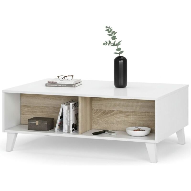 Couchtisch Lincoln, Kaffetisch, Couchtisch für das Wohnzimmer, cm 100x68h38, Glänzend weiß und Eiche - Dmora