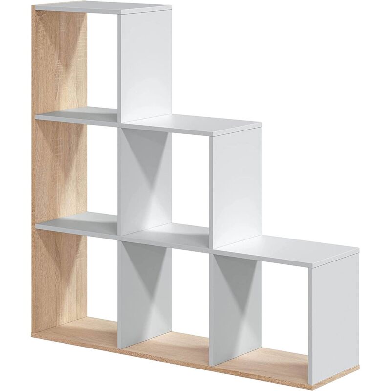 Bücherregal Dbarth, Doppelseitiges Bücherregal mit 6 Fächern, Bürotrennregal, 108x28h110 cm, Weiß und Eiche - Dmora