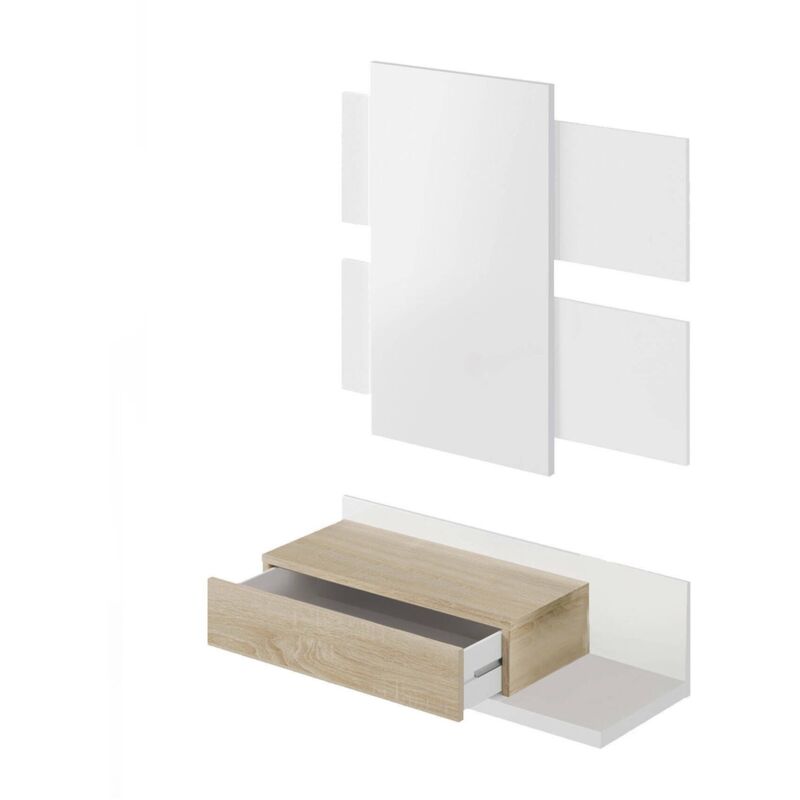 Schrank für die Eingangshalle Dcori, Abgehängte Eingangshalle mit Spiegel, Schrank mit Schublade für den Eingang, 75x29h90 cm, Glänzend Weiß und
