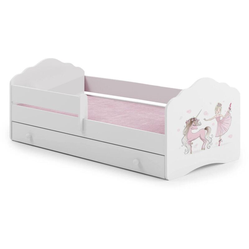 Kinderbett Hagibis, Kinderbett für Schlafzimmer, Einzelbett mit Kommoden, Struktur mit ausziehbarem Bett, 78x144 h65 cm, Weiß mit Einhorn - Dmora