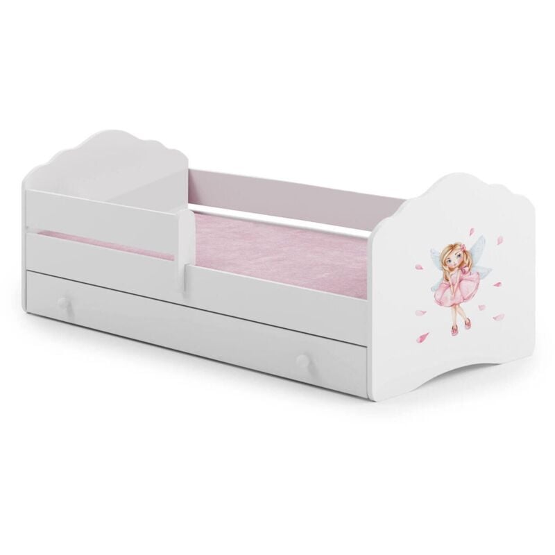 Kinderbett Warsaw, Kinderbett für Schlafzimmer, Einzelbett mit Kommoden, Struktur mit ausziehbarem Bett, 78x144 h65 cm, Weiß mit Fee - Dmora