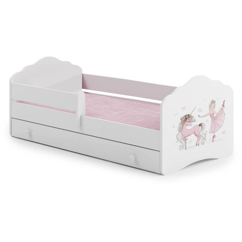 Kinderbett Warsaw, Kinderbett für Schlafzimmer, Einzelbett mit Kommoden, Struktur mit ausziehbarem Bett, 78x144 h65 cm, Weiß mit Einhorn - Dmora