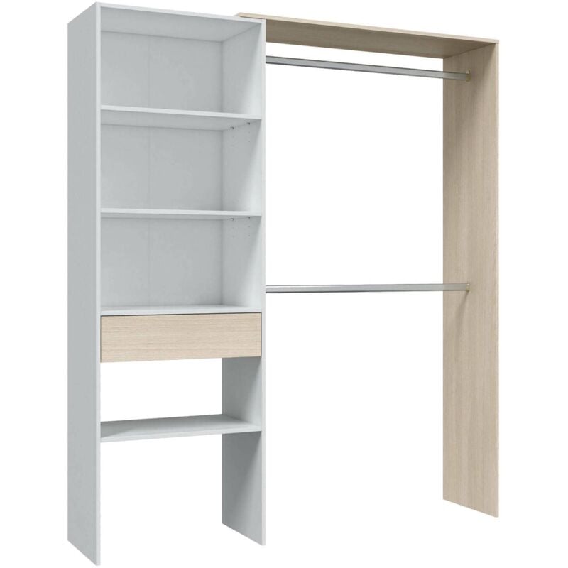 Garderobe Djajal, Struktur für begehbaren Kleiderschrank, Offener Kleiderschrank ohne Türen, Begehbarer Kleiderschrank, 158x40h187 cm, Weiß und Eiche