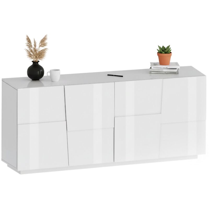 Kommode Yago, Wohnzimmer-Buffet, modernes Wohnzimmer-Kommode mit 4 Türen, 200x44x86 cm, glänzendes Weiß - Dmora