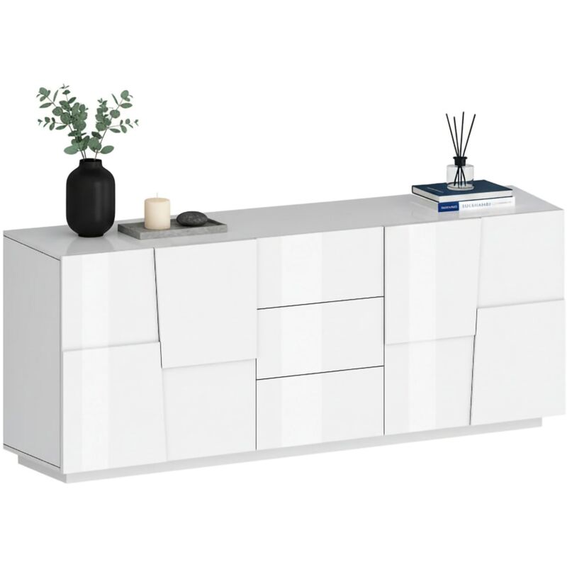 Kommode Yoel, Wohnzimmer-Buffet, Wohnzimmer-Kommode mit 4 Türen und 3 Schubladen, 220x44x86 cm, glänzend weiß, mit verstärkter Verpackung - Dmora