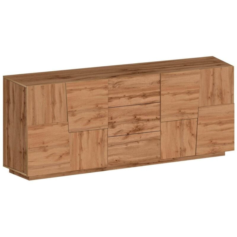 Kommode Yoel, Wohnzimmer-Buffet, Wohnzimmer-Kommode mit 4 Türen und 3 Schubladen, 220x44x86 cm, Eiche - Dmora