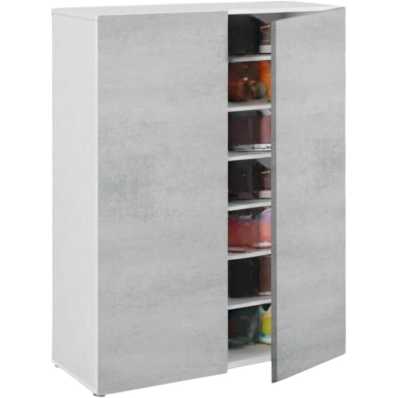 Mehrzweck-Kabinett Dlel, Beistellschrank mit 2 Türen, Niedriger Schuhschrank mit 6 Regalen, Niedriger Schuhschrank, 70x36h103 cm, Zement und Weiß