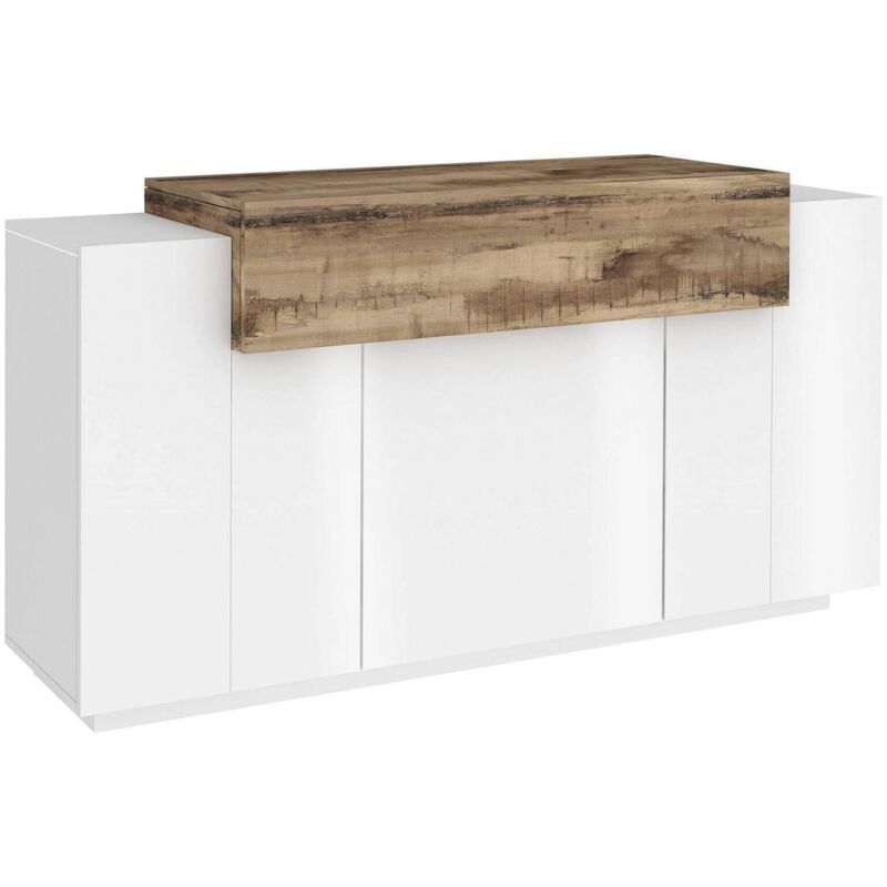 Modernes Sideboard, Design-Sideboard mit 4 Türen, Made in Italy, TV-Ständer, Wohnzimmerbuffet, 140x45h86 cm, Glanzweiß und Ahornfarbe - Dmora