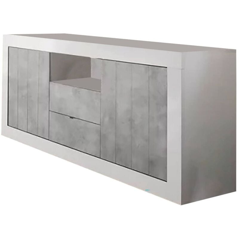 Modernes Sideboard mit 2 Türen und 2 Schubladen, Made in Italy, Küchen-Sideboard, Wohnzimmer-Design-Buffet, cm 184x42h86, glänzendes Weiß und