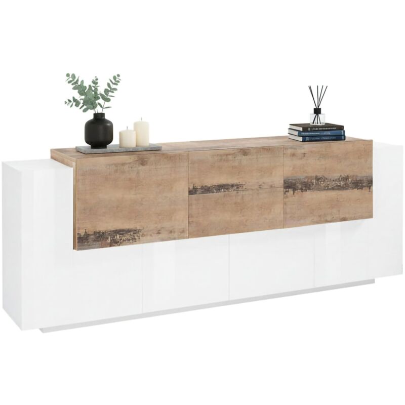 Kommode Dbaian, Küchen-Sideboard mit 5 Türen und 2 Schubladen, Wohnzimmer-Buffet, Küchen-Sideboard, 100 % Made in Italy, cm 220x45h86, glänzend weiß