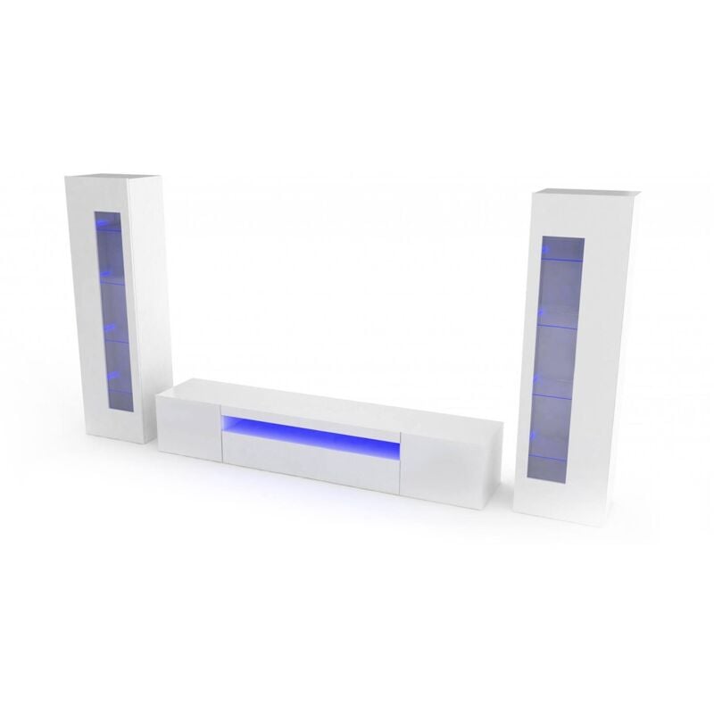 Modulares Wohnzimmer-Wandsystem, Made in Italy, TV-Ständer und Wohnwände, Modernes Wohnzimmer-Set, 300x40h162 cm, glänzende weiße Farbe, mit blauem