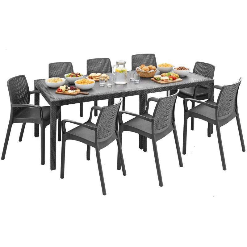 Outdoor Lounge Set Manarola, Outdoor Lounge Set, Ausziehbarer rechteckiger Tisch mit 8 Stühlen mit Armlehnen, Made in Italy, Anthrazit - Dmora