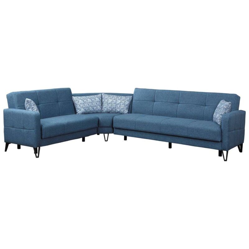 Schlafsofa Dlorin, Eck-Container-Schlafsofa mit 4 Kissen inklusive, Wohnzimmersofa aus gepolstertem Stoff mit Klick-Klack-Öffnung, umkehrbare