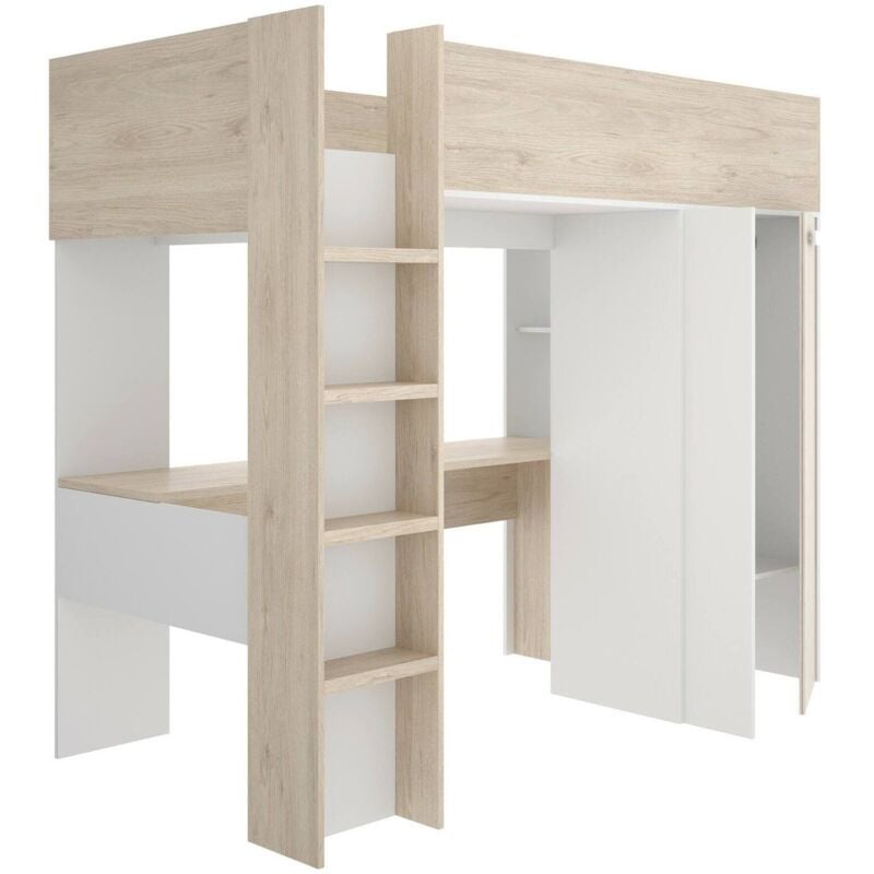 Schlafzimmer Focoletta, Komplettes Schlafzimmer, Kinderzimmer, Loft-Bett Kit, 206x111 h178 cm, Weiß und Eiche - Dmora