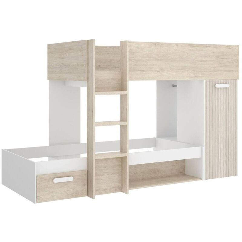 Schlafzimmer Pinus, Komplettes Schlafzimmer, Kinderzimmer, Loft-Bett Kit, 246x112 h150 cm, Weiß und Eiche - Dmora