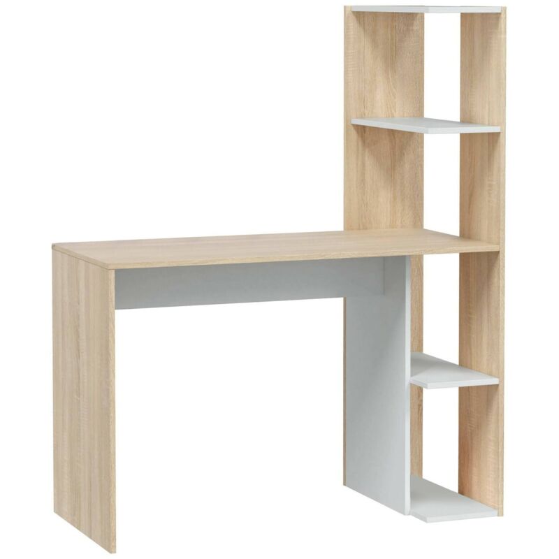 Schreibtisch Peekskill, linearer Schreibtisch mit Bücherregal, platzsparender Mehrzweck-Bürotisch, 110x52h136 cm, Weiß und Eiche - Dmora