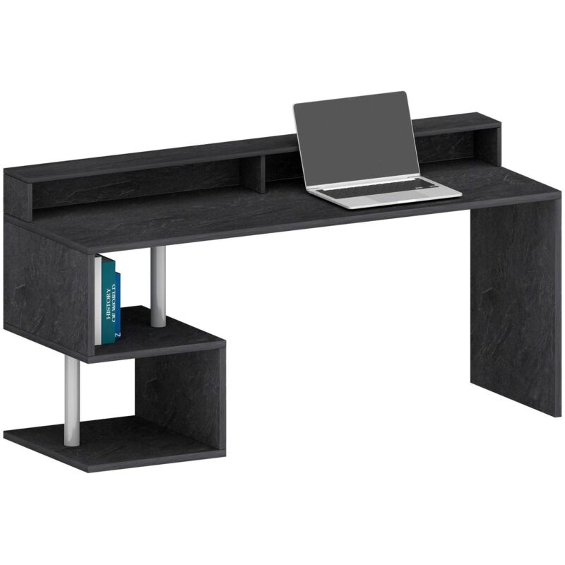 Schreibtisch Serafino, linearer Schreibtisch mit Ablagefächern, Mehrzweck-Büroschreibtisch mit Platte, 180x60h93 cm, Schiefer - Dmora