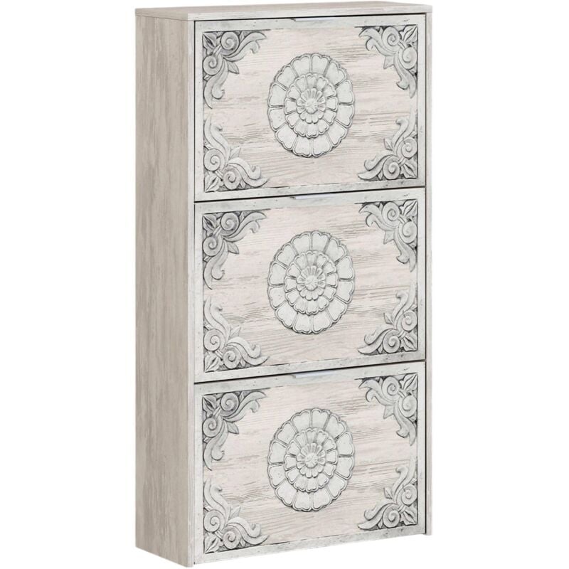 Schuhschrank Escondido, Schuhschrank mit 3 Klapptüren, Schrank mit doppelter Kapazität für bis zu 18 Paar Schuhe, cm 70x17h180, Altweiß - Dmora