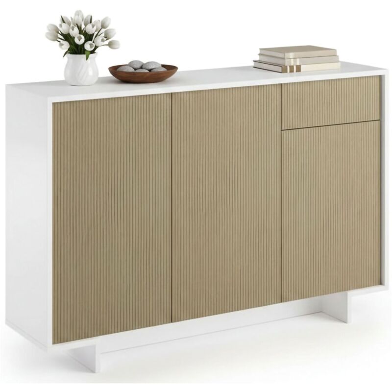 Sideboard Aneto, Wohnzimmer-Sideboard, Wohnzimmer-Buffet mit 3 Türen und 1 Schublade, 100 % Made in Italy, 134 x 35 x 87 cm, Weiß und Beige - Dmora