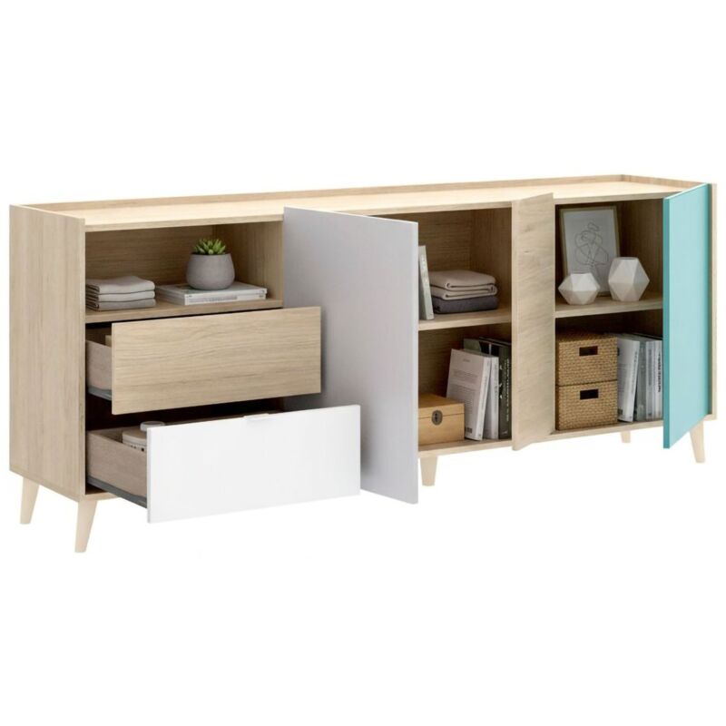 Sideboard Dguerin, Buffet für Wohnzimmer, Modernes Sideboard für Wohnzimmer mit 3 Türen, 180x43h75 cm, Eiche und Grau - Dmora