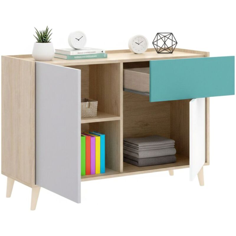 Sideboard Djuli, Buffet für Wohnzimmer, Modernes Sideboard für Wohnzimmer mit 2 Türen, 105x43h75 cm, Weiß und Eiche - Dmora