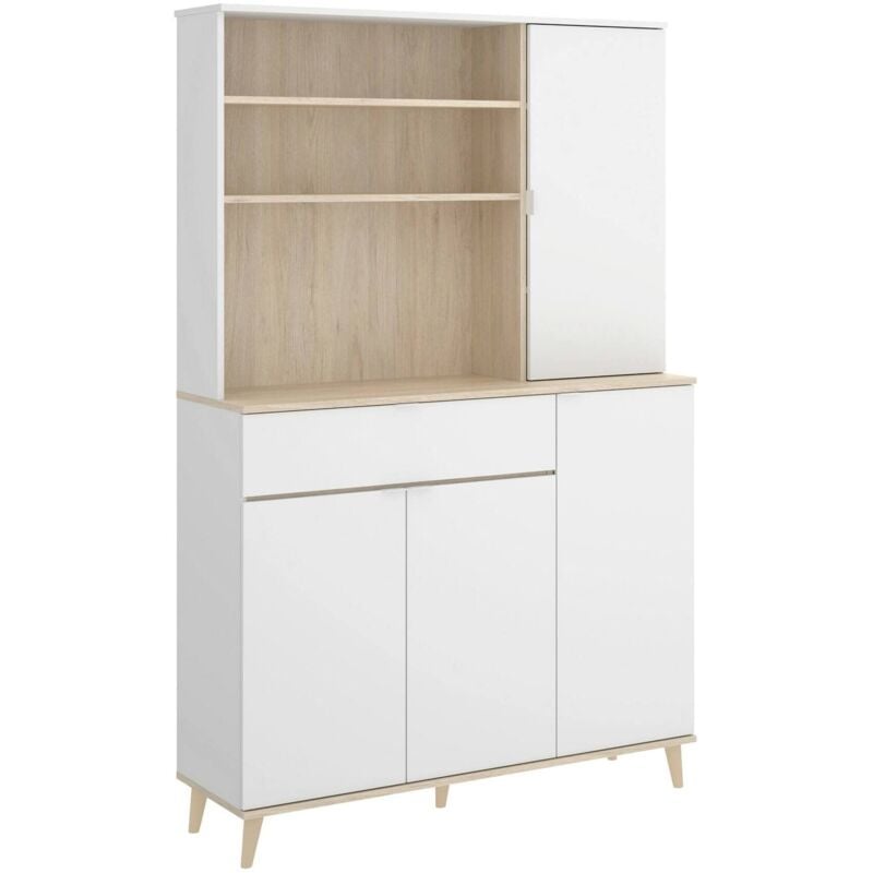 Sideboard Sparavero, Pantry-Buffet für Wohnzimmer, Modernes Sideboard für Wohnzimmer mit 4 Türen, 120x40h191 cm, Weiß und Eiche - Dmora