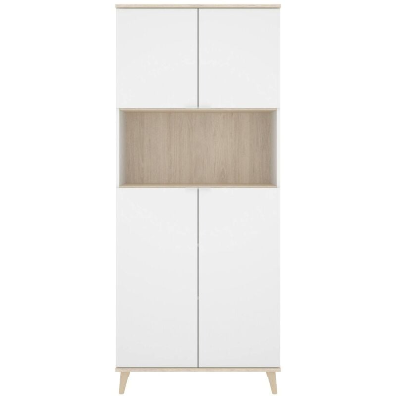 Dmora - Sideboard Spino, Wohnzimmer-Pantry-Buffet, modernes Wohnzimmer-Sideboard mit 4 Türen, 80 x 40 x 191 cm, Weiß und Eiche