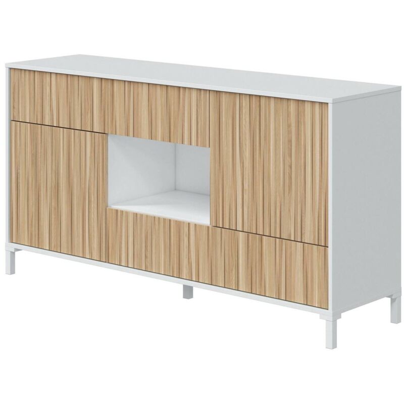 Sideboard Wheaton, Wohnzimmer-Buffet mit 2 Türen und 2 Schubladen, Sideboard für Wohnzimmer, modernes Sideboard, 151x41h80 cm, Eiche und glänzendes